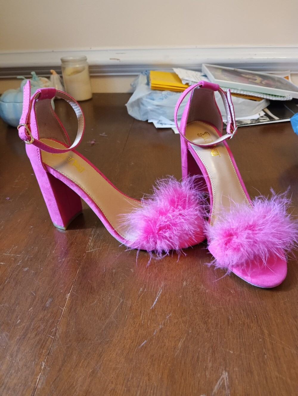 Pink Feather-Trim Block Heels